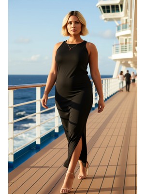 Benerly Kadın Büyük Beden Bisiklet Yaka Kolsuz Yırtmaçlı Maxi Örme Elbise Fonksiyonel Şık %100 Pamuk