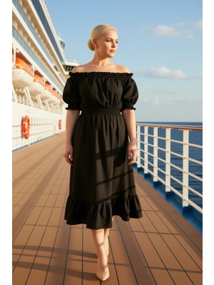 Benerly Kadın Carmen Yaka Balon Kol Midi Elbise Fonksiyonel Dayanıklı Spor