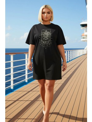 Benerly Kadın Büyük Beden Bisiklet Yaka Kısa Kol Geometrik Baskılı Örme T Shirt Elbise Şık %100 Pamuk