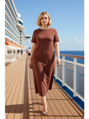 Benerly Kadın Midi Elbise Bisiklet Yaka Düşük Kol Örme Kalıp Shift Fonksiyonel Kaliteli %100 Pamuk