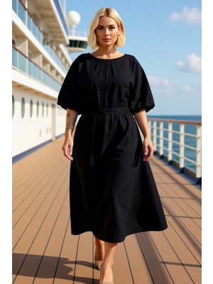 Benerly Kadın Bisiklet Yaka Balon Kol Midi Dokuma Büyük Beden Elbise Fonksiyonel Şık