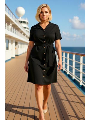 Benerly Kadın Büyük Beden Gömlek Elbise Düz Yaka Kısa Kol Dokuma Kalıp Fonksiyonel Dayanıklı Rahat
