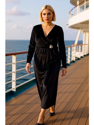Benerly Kadın Büyük Beden Kruvaze Yaka Kadife Örme Maxi Elbise Uzun Kol Bodycon Kalıp Fonksiyonel Şık