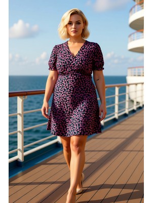 Benerly Kadın A Kesim V Yaka Balon Kol Çiçekli Dokuma Elbise Büyük Beden Fonksiyonel Dayanıklı Şık