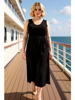 Benerly Kadın V Yaka Kolsuz Esnek Örme A Kesim Midi Elbise Fonksiyonel Dayanıklı Kaliteli Konforlu