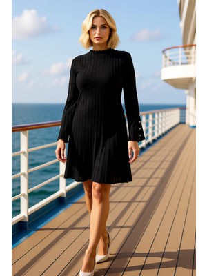 Benerly Kadın Dik Yaka Ispanyol Kol Fitilli Triko Elbise Uzun Kollu A Line Kalıp Kısa Boy Kaliteli