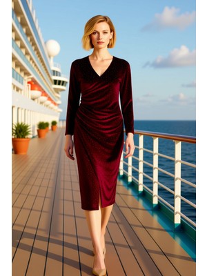 Benerly Kadın Büyük Beden V Yaka Kadife Örme Midi Boy Düz Desen Uzun Kol Elbise Fonksiyonel Modern