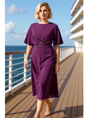 Benerly Kadın Büyük Beden Bisiklet Yaka Standart Kol Midi A Line Dokuma Elbise Fonksiyonel Estetik