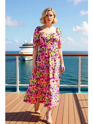 Benerly Kadın Kare Yaka Melek Kol Kısa Kollu A Line Elbise Dokuma Çiçek Desenli Büyük Beden Maxi