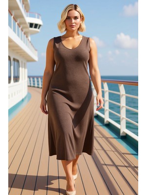 Benerly Kadın V Yaka Kolsuz A Line Midi Örme Elbise Fonksiyonel Dayanıklı Kaliteli Konforlu Modern