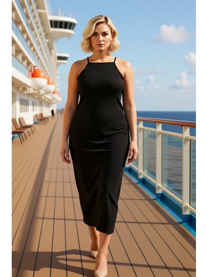 Benerly Kadın Halter Yaka Kolsuz Bürümcük Dokulu Maxi Boy Örme Büyük Beden Elbise Fonksiyonel Spor