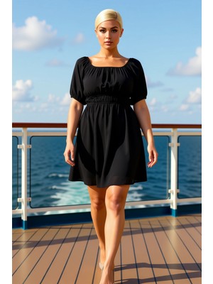 Benerly Kadın Carmen Yaka Balon Kol Kısa Kollu Mini Elbise Fonksiyonel Dayanıklı Modern %100 Pamuk