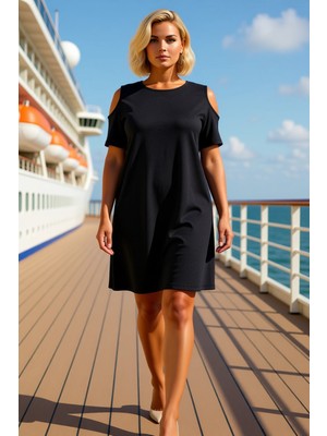 Benerly Kadın Büyük Beden Bisiklet Yaka Kısa Kol Örme Kalıp Shift Elbise Fonksiyonel Dayanıklı Şık