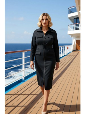 Benerly Kadın Büyük Beden Gömlek Yaka Standart Kol Gabardin Dokuma Elbise Fonksiyonel Dayanıklı Şık