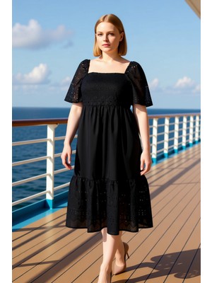 Benerly Kadın Büyük Beden Kare Yaka Kısa Kol Brode Dokuma Midi Elbise Fonksiyonel Dayanıklı Modern