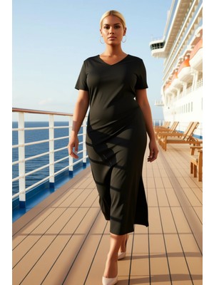 Benerly Kadın V Yaka Kısa Kol Büyük Beden Örme Midi Elbise Yırtmaçlı Fonksiyonel Modern %100 Pamuk