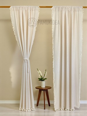 PAMUKIDEA Rustik Cepli Krem Ponponlu - Püsküllü  Pamuklu Buldan Keten Perde - Tek Kanat - (En x Boy)