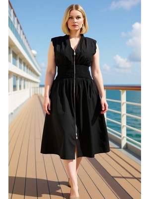 Benerly Kadın V Yaka Kolsuz A Kalıp Dokuma Büyük Beden Elbise Midi Boy Fermuarlı Detaylı Dayanıklı