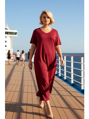 Benerly Kadın V Yaka Kısa Kol Büyük Beden Örme Midi Elbise Yırtmaçlı Fonksiyonel Modern %100 Pamuk