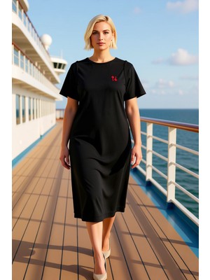 Benerly Kadın Bisiklet Yaka Kısa Kol Shift Kalıp Örme Midi Elbise Fonksiyonel Dayanıklı %100 Pamuk