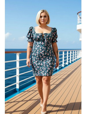 Benerly Kadın Kalp Yaka Balon Kollu Kısa Kollu Shift Kalıp Dokuma Çiçekli Midi Elbise Fonksiyonel Şık