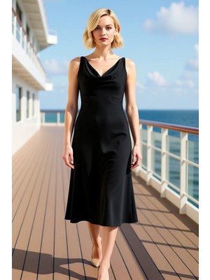 Benerly Kadın Büyük Beden Degaje Yaka Kolsuz Saten Dokuma Midi Elbise Fonksiyonel Dayanıklı Modern