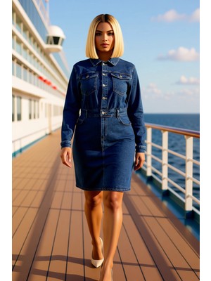 Benerly Kadın Gömlek Yaka Standart Kol Düz Desen Büyük Beden Denim Elbise Fonksiyonel Dayanıklı Şık