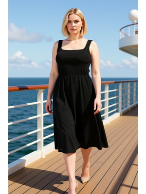 Benerly Kadın Büyük Beden Kare Yaka Kolsuz Örme Maxi Elbise Standart Kol Kalıp Fonksiyonel Estetik