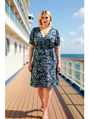 Benerly Kadın A Kesim V Yaka Balon Kol Çiçekli Dokuma Elbise Büyük Beden Fonksiyonel Dayanıklı Şık