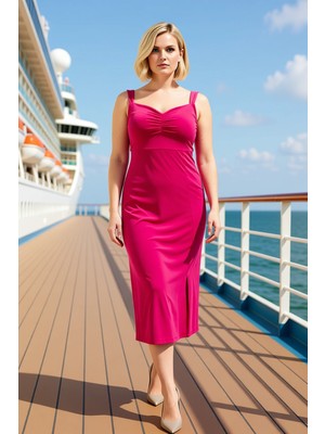 Benerly Kadın Kalp Yaka Kalın Askılı Midi Boy Örme Büyük Beden Elbise Şık