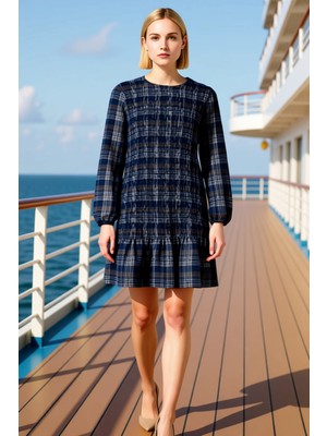 Benerly Kadın Bisiklet Yaka Standart Kol Bodycon Kalıp Mini Dokuma Elbise Büyük Beden Fonksiyonel Şık