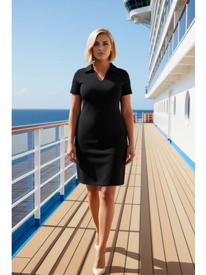 Benerly Kadın Büyük Beden Polo Yaka Kısa Kol Kaşkorse Elbise Fonksiyonel Spor