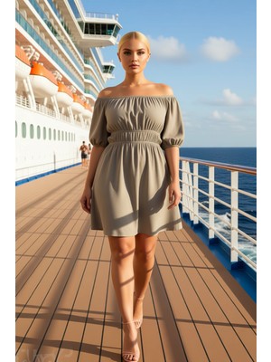 Benerly Kadın Carmen Yaka Balon Kol Kısa Kollu Mini Elbise Fonksiyonel Dayanıklı Modern %100 Pamuk