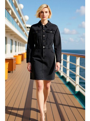 Benerly Kadın Gömlek Yaka Standart Kol Düz Desen Büyük Beden Denim Elbise Fonksiyonel Dayanıklı Şık