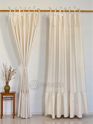 PAMUKIDEA Ip Bağcıklı Eteği Fırfırlı  Pamuklu Natural Buldan Keten Rustik Perde - Tek Kanat - (En x Boy)