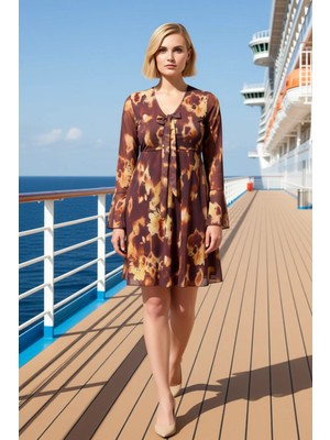 Benerly Kadın V Yaka Uzun Kol Çiçek Desenli Tül Örme Büyük Beden Elbise Fonksiyonel Dayanıklı Spor