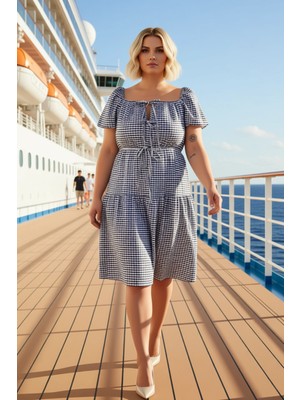 Benerly Kadın Kare Yaka Balon Kol Mini Elbise Büyük Beden Dokuma Gofre Desenli Spor