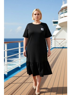 Benerly Kadın Bisiklet Yaka Düşük Kol Midi T Shirt Elbise Büyük Beden Fonksiyonel Rahat %100 Pamuk