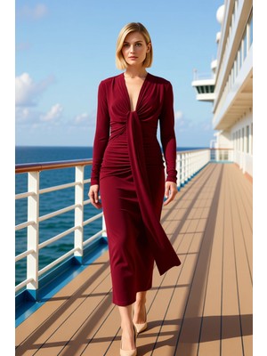 Benerly Kadın V Yaka Uzun Kol Büzgülü Maxi Örme Elbise Vücuda Oturan Kalıp Fonksiyonel Dayanıklı Şık