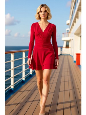 Benerly Kadın V Yaka Uzun Kol Skater Kalıp Örme Elbise Fonksiyonel Modern