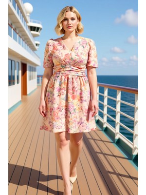 Benerly Kadın Büyük Beden V Yaka Balon Kollu Dokuma Çiçekli Mini Elbise Fonksiyonel Dayanıklı Spor