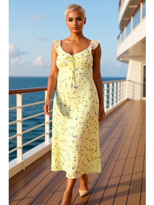 Benerly Kadın Büyük Beden V Yaka Kolsuz Şifon Dokuma Midi Elbise Çiçekli Kalıp A Line Fonksiyonel Şık