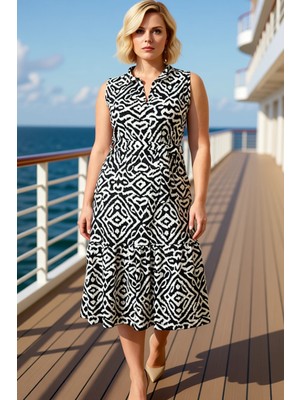 Benerly Kadın Sıfır Kol V Yaka Geometrik Desenli Midi Örme Elbise Büyük Beden Fonksiyonel Kaliteli