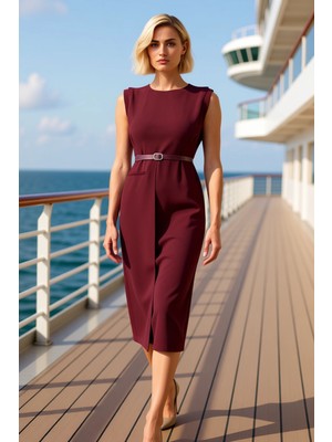 Benerly Kadın Bisiklet Yaka Kolsuz Bodycon Kalıp Düz Desen Dokuma Midi Elbise Fonksiyonel Kaliteli