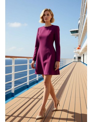 Benerly Kadın Bisiklet Yaka Uzun Kol A Line Kalıp Mini Dokuma Elbise Fonksiyonel Dayanıklı Estetik