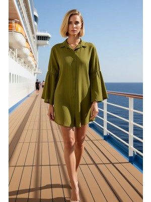Benerly Kadın Gömlek Yaka Uzun Kol Ispanyol Kol Volanlı Düz Desen Mini Elbise Dayanıklı %100 Pamuk