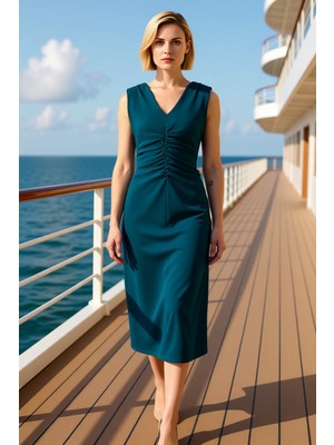 Benerly Kadın V Yaka Düşük Kol Kısa Kollu Bodycon Kalıp Midi Dokuma Elbise Fonksiyonel Dayanıklı Şık