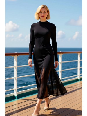 Benerly Kadın Dik Yaka Uzun Kollu A Line Kalıp Maxi Elbise Volanlı Fırfırlı Detaylı Düz Desenli Örme Kumaş