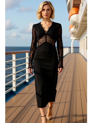 Benerly Kadın V Yaka Uzun Kollu Bodycon Kalıp Düz Desenli Dokuma Elbise Fonksiyonel Dayanıklı Spor