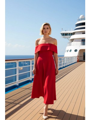 Benerly Kadın Carmen Yaka Kolsuz Midi Elbise Skater Kalıp Düz Desen 90 Karakter Fonksiyonel Modern